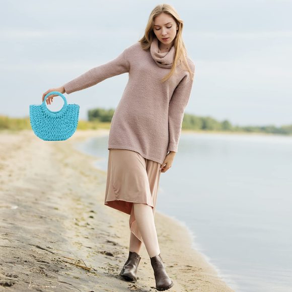 Mini Semi-Circle Rattan Straw Handbag, Summer Retro Straw Tote xD - Picture 7 of 7